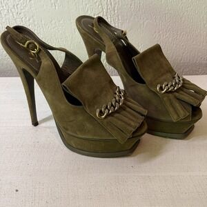 YSL Yves Saint Laurent Suede Slingback Pumps Chain Heels Olive Size 39 / US 8